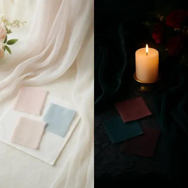 Cores e tecidos ideais para casamento de dia ou à noite