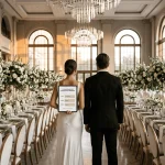 Vista panorâmica de um salão de casamento de luxo decorado com flores brancas e verdes, com um casal elegante observando o espaço vazio com expectativa.