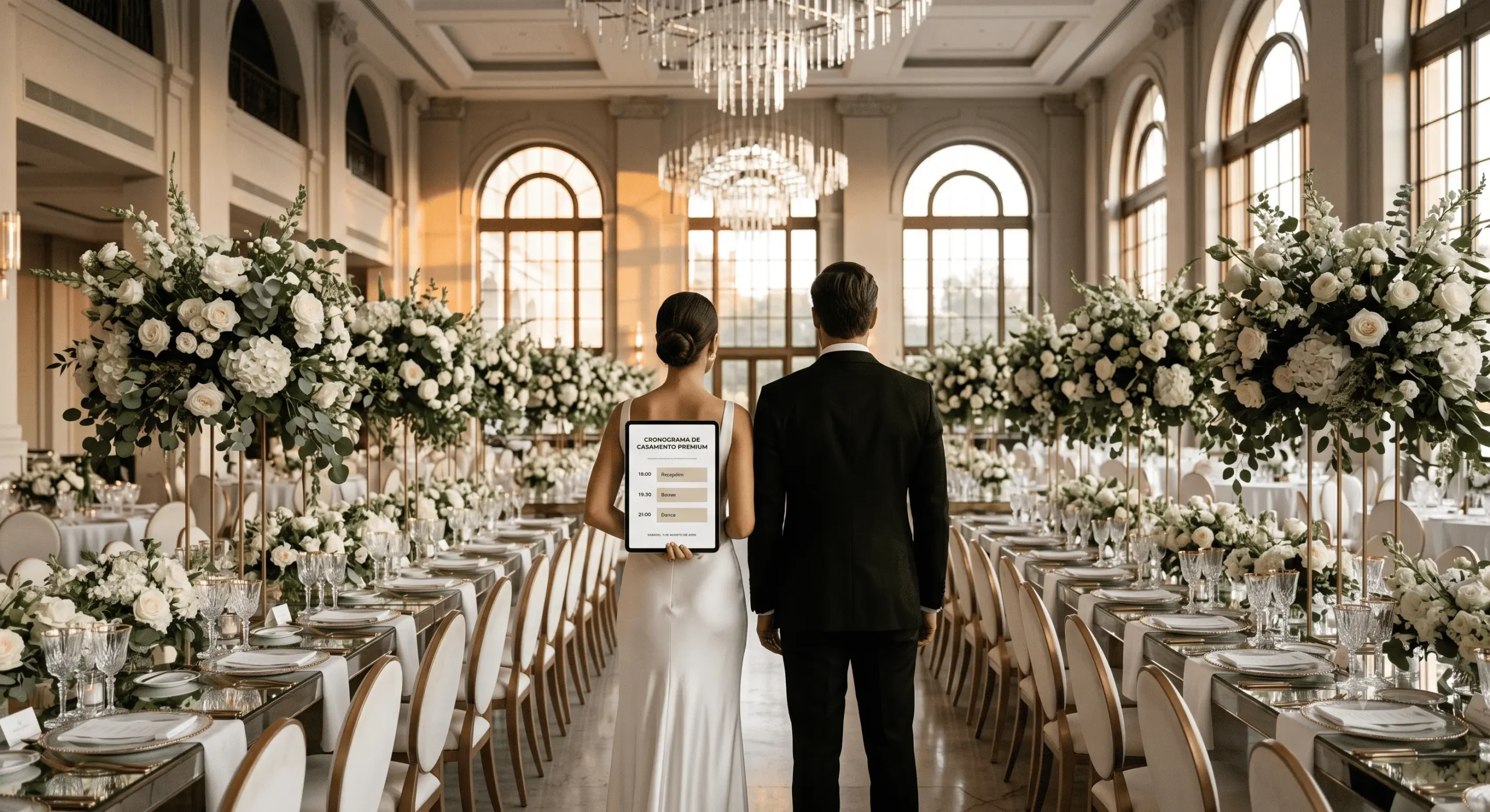 Vista panorâmica de um salão de casamento de luxo decorado com flores brancas e verdes, com um casal elegante observando o espaço vazio com expectativa.